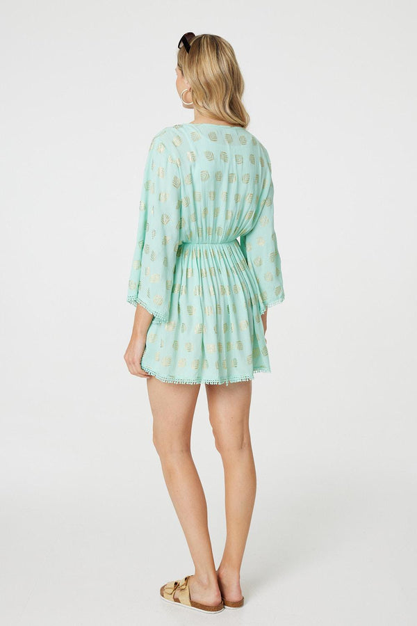 Green | Foiled Leaf Print Short Beach Dress