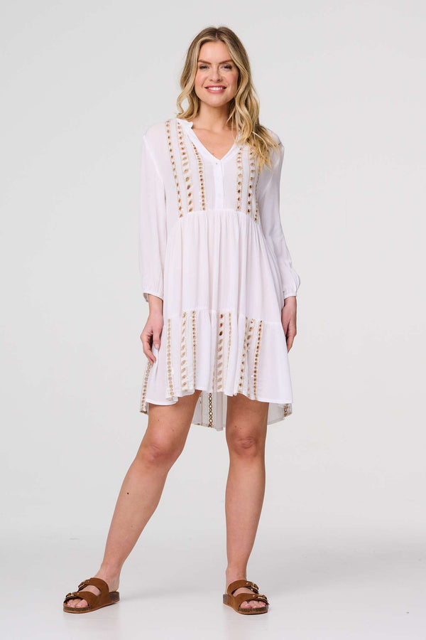 White | Embroidered V-Neck Tiered Smock Dress