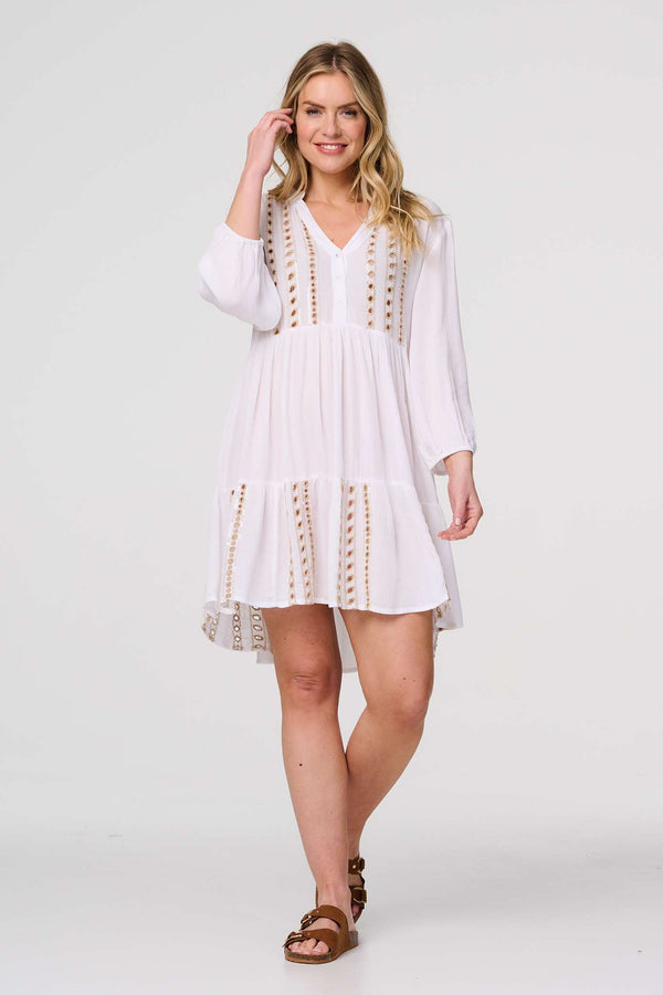 White | Embroidered V-Neck Tiered Smock Dress