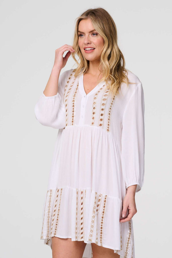 Embroidered V-Neck Tiered Smock Dress | Izabel London