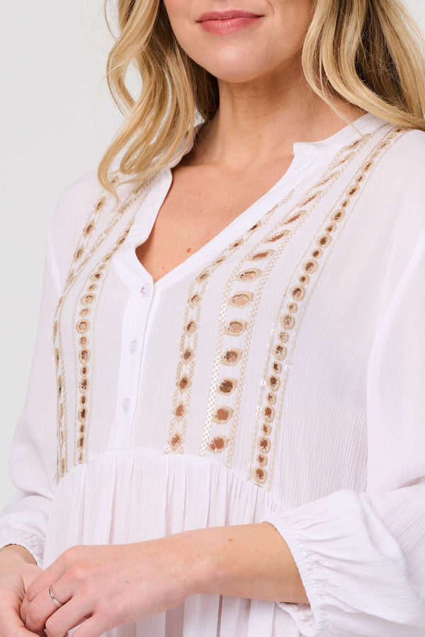 White | Embroidered V-Neck Tiered Smock Dress