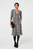 Black | Printed V-Neck 3/4 Sleeve Knee Length Dress 