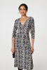 Black | Printed V-Neck 3/4 Sleeve Knee Length Dress