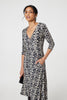 Black | Printed V-Neck 3/4 Sleeve Knee Length Dress