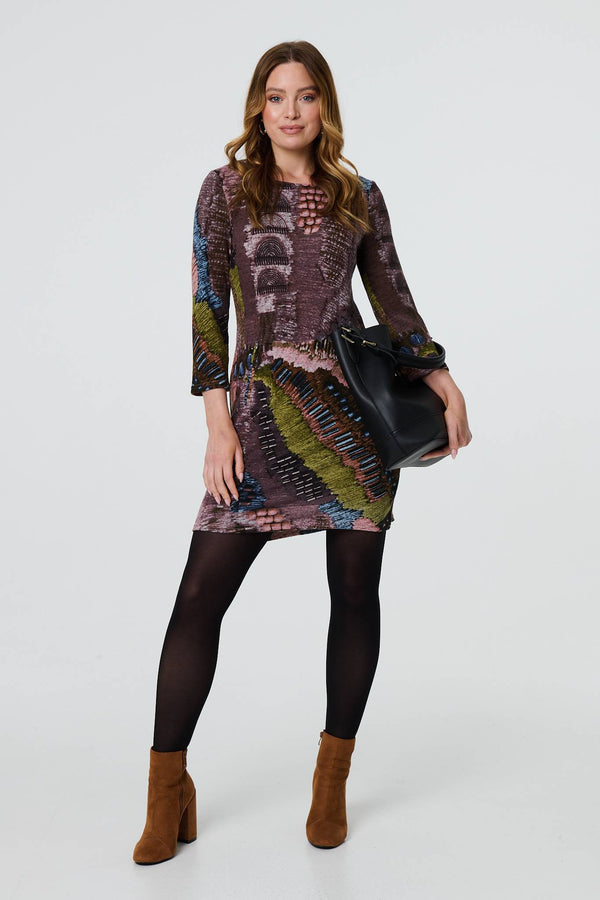 Brown | Printed 3/4 Sleeve Tunic Dress
