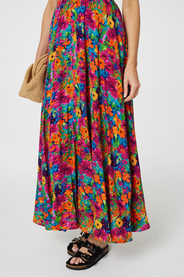 Pink | Floral V-Neck Short Sleeve Maxi Dress