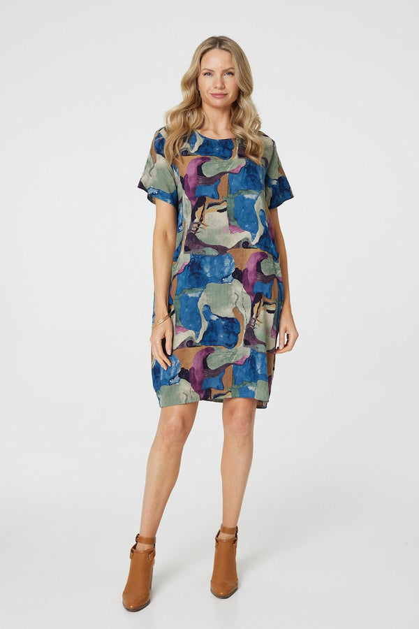 Blue | Abstract Print Knee Length Shift Dress