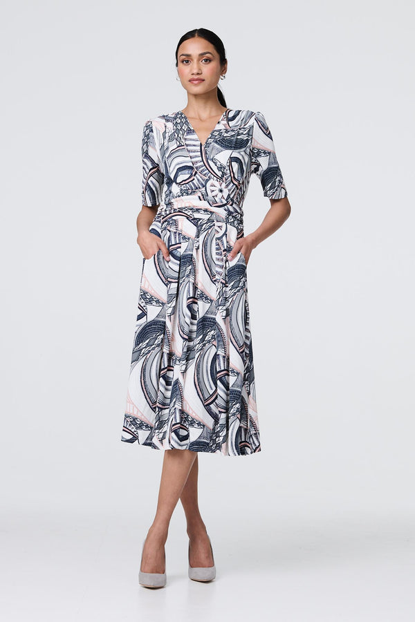 Navy | Printed 1/2 Sleeve Knee Length Wrap Dress : Model is 5'8"/172 cm and wears UK8/EU36/US4/AUS8