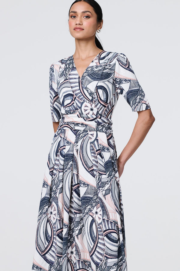 Navy | Printed 1/2 Sleeve Knee Length Wrap Dress