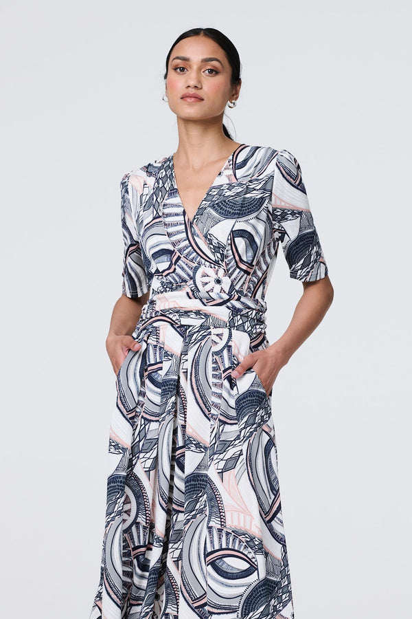 Navy | Printed 1/2 Sleeve Knee Length Wrap Dress