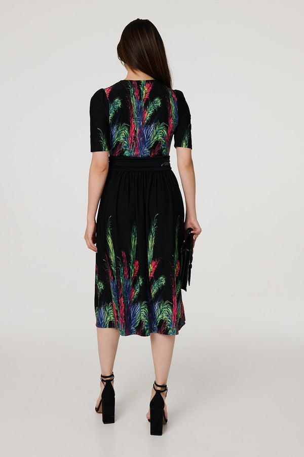 Green | Feather Print Faux Wrap Front Midi Dress