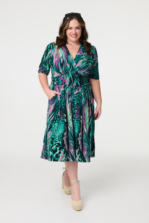 Green | Feather Print 1/2 Sleeve Wrap Midi Dress