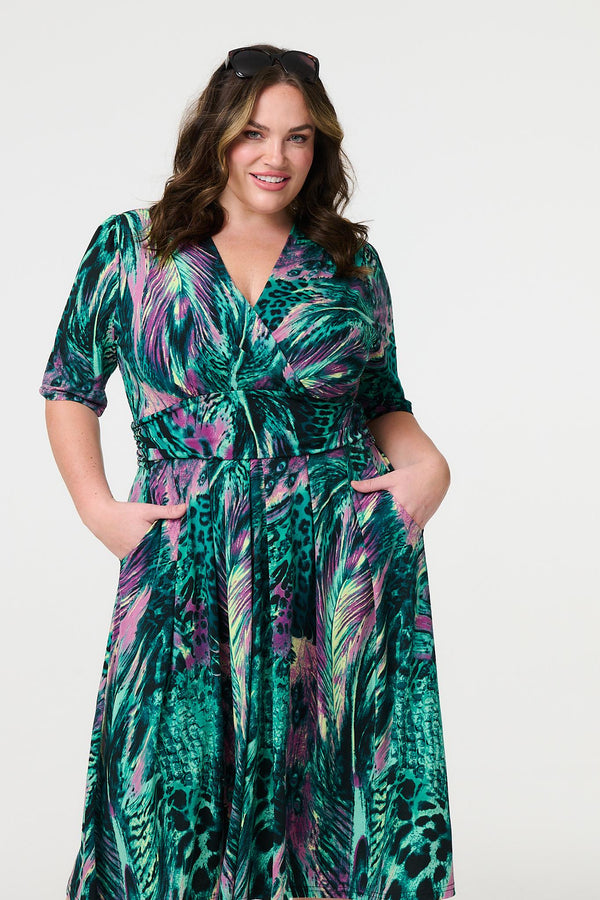 Green | Feather Print 1/2 Sleeve Wrap Midi Dress