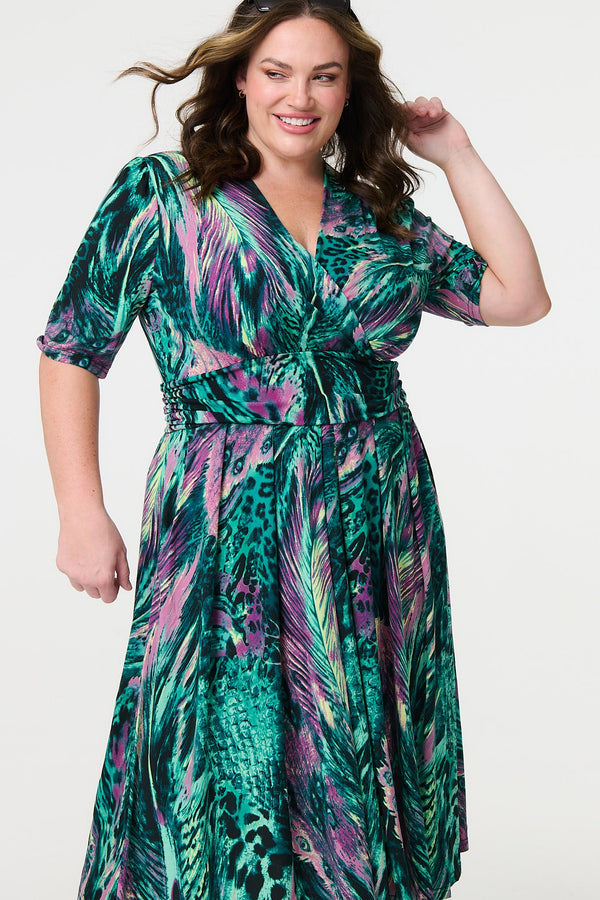 Green | Feather Print 1/2 Sleeve Wrap Midi Dress