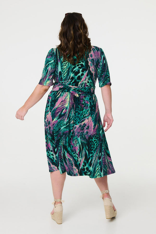 Green | Feather Print 1/2 Sleeve Wrap Midi Dress