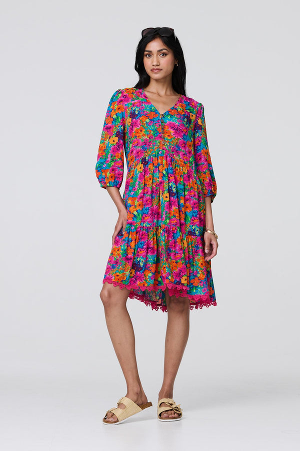 Pink | Floral 3/4 Sleeve Smock Dress