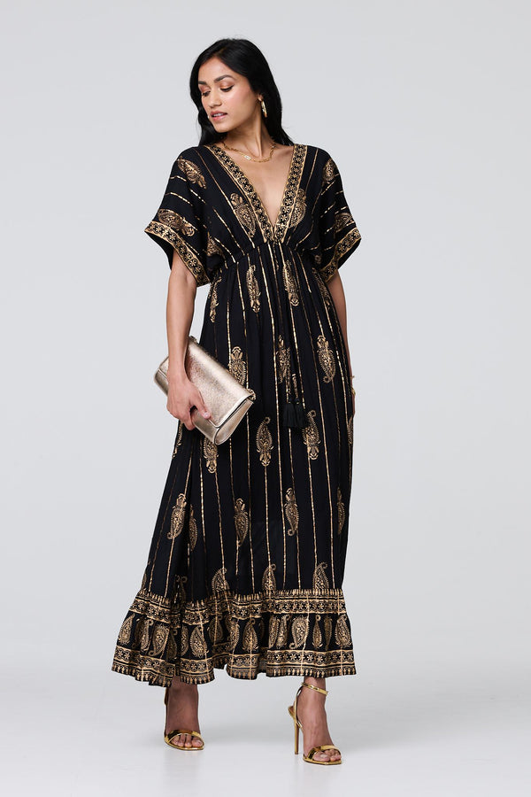 Black | Metallic Print V-Neck Kimono Maxi Dress