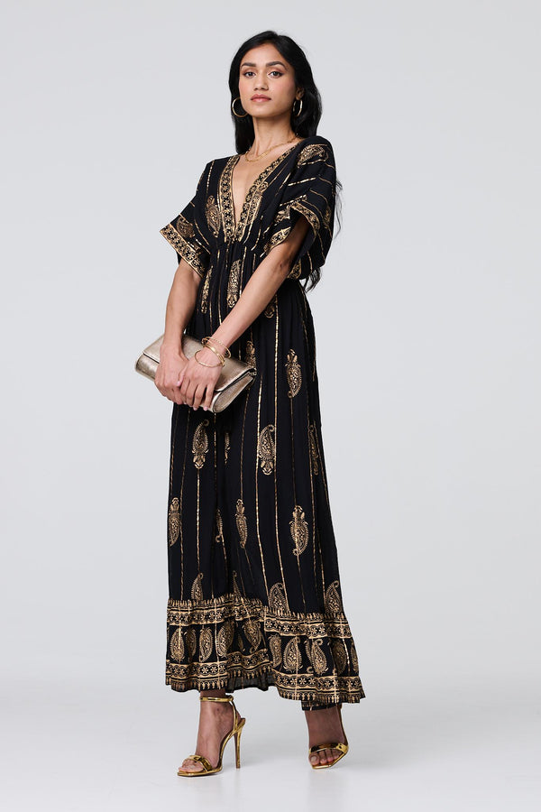 Black | Metallic Print V-Neck Kimono Maxi Dress