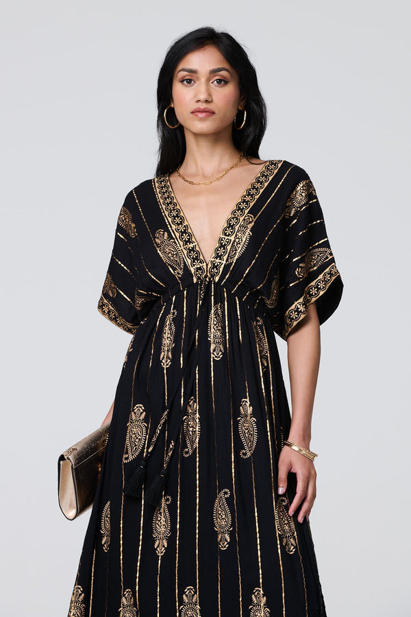 Black | Metallic Print V-Neck Kimono Maxi Dress