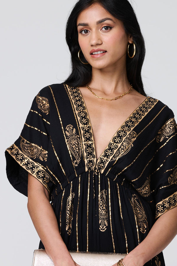 Black | Metallic Print V-Neck Kimono Maxi Dress