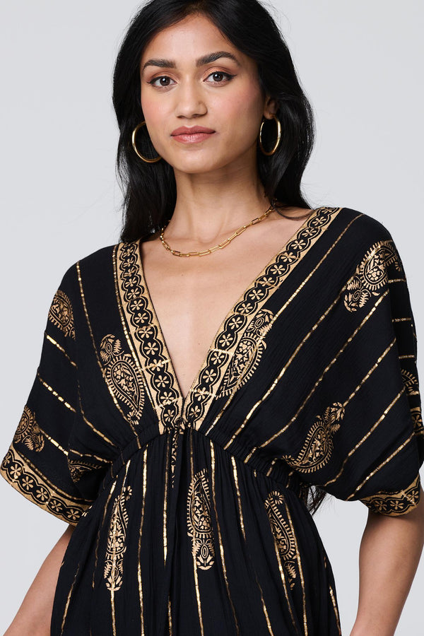 Black | Metallic Print V-Neck Kimono Maxi Dress