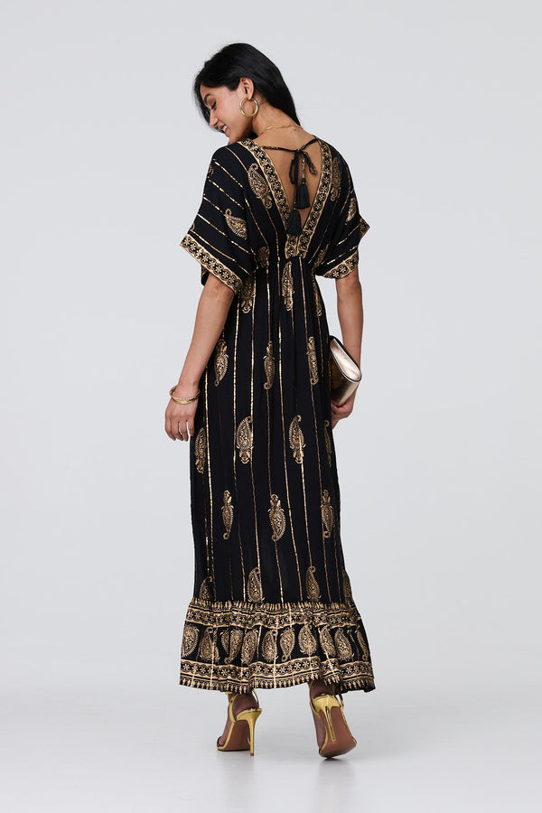 Black | Metallic Print V-Neck Kimono Maxi Dress