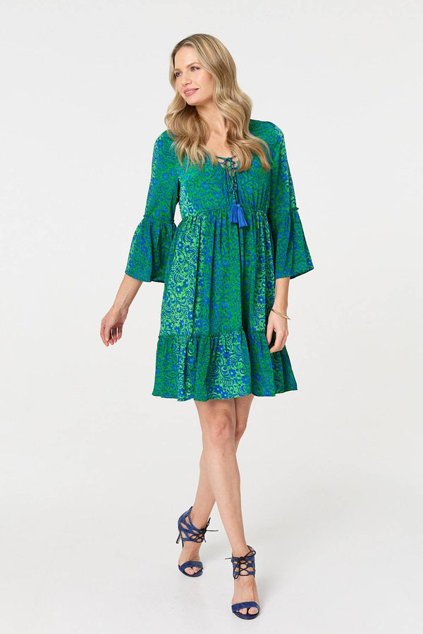 Green | Paisley Tassel V-Neck Knee Length Dress
