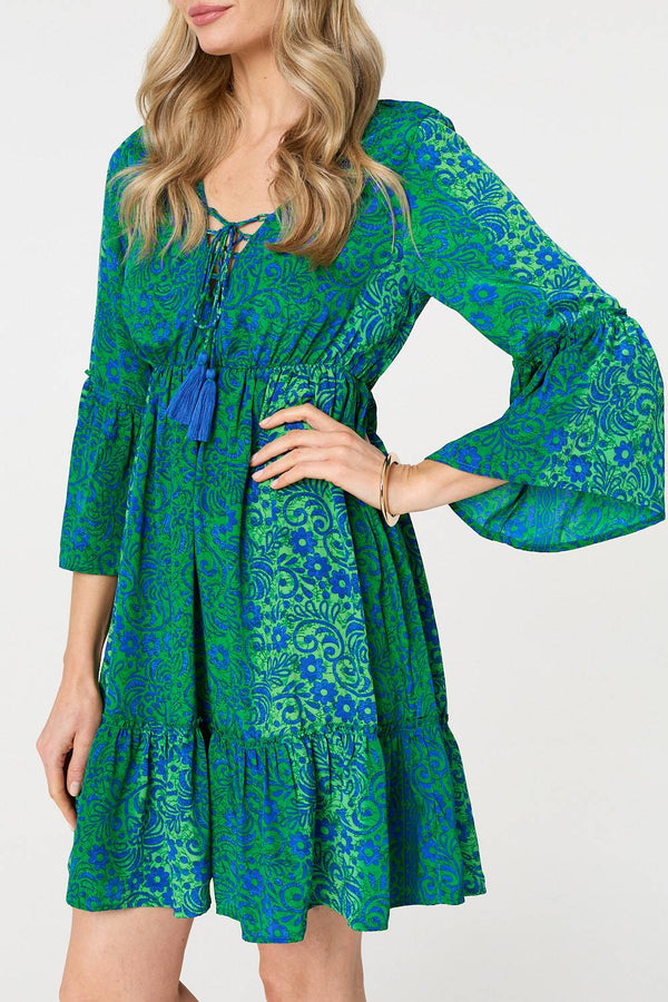 Green | Paisley Tassel V-Neck Knee Length Dress
