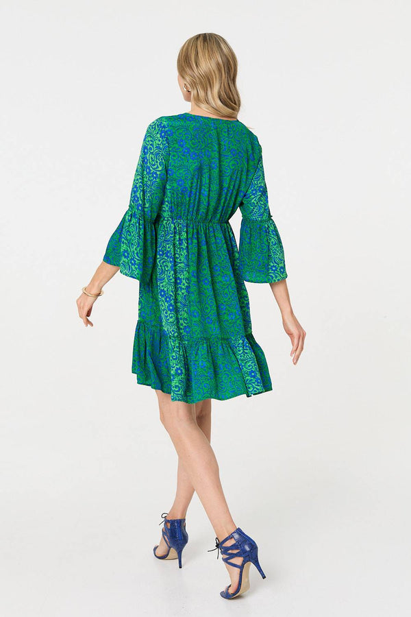 Green | Paisley Tassel V-Neck Knee Length Dress
