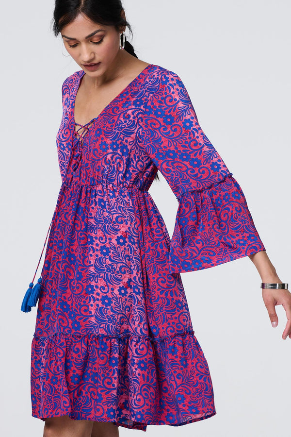 Pink | Paisley Tassel V-Neck Knee Length Dress
