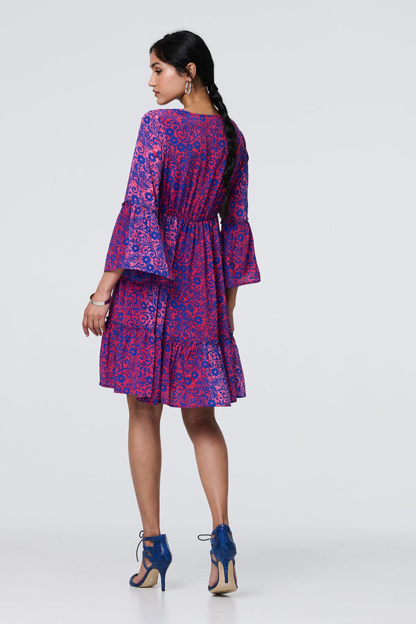 Pink | Paisley Tassel V-Neck Knee Length Dress
