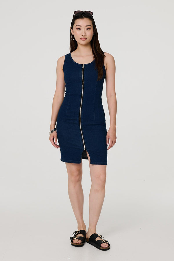 Blue | Denim Sleeveless Zip Front Shift Dress