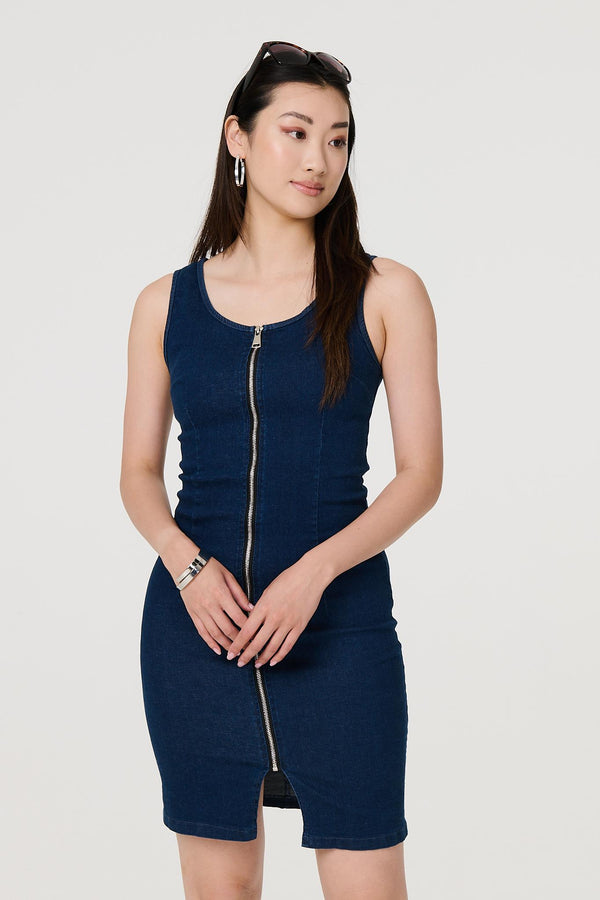 Blue | Denim Sleeveless Zip Front Shift Dress