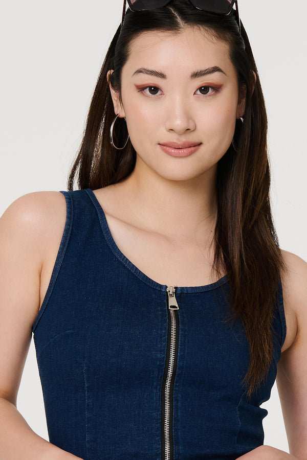 Blue | Denim Sleeveless Zip Front Shift Dress