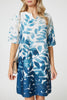 Blue | Leaf Print 3/4 Sleeve Relaxed Shift Dress