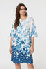 Blue | Leaf Print 3/4 Sleeve Relaxed Shift Dress :  Model is 5'9