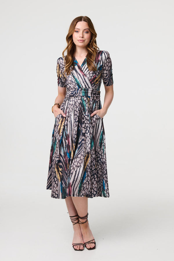 Beige | Printed Faux Wrap Front Jersey Midi Dress
