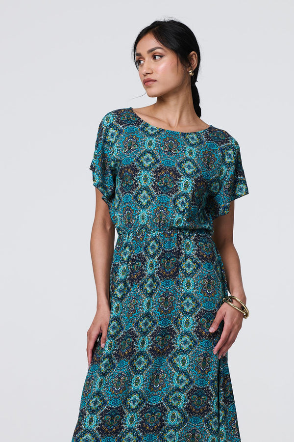 Green | Printed Batwing Sleeve Maxi Dress