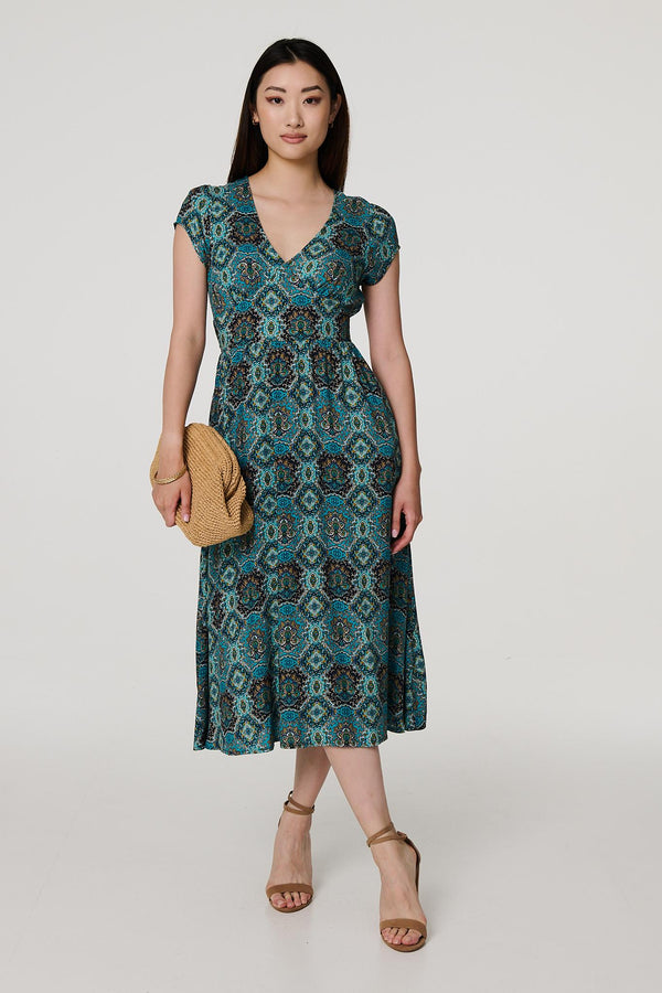 Green | Printed V-Neck Cap Sleeve Midi Dress