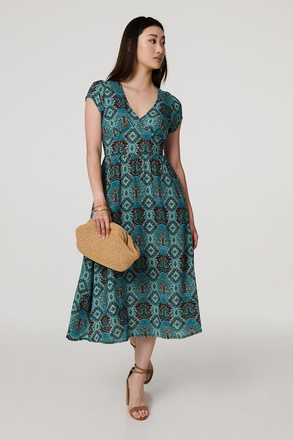 Green | Printed V-Neck Cap Sleeve Midi Dress