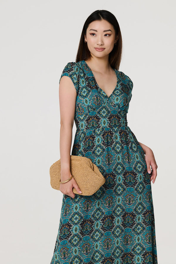 Green | Printed V-Neck Cap Sleeve Midi Dress