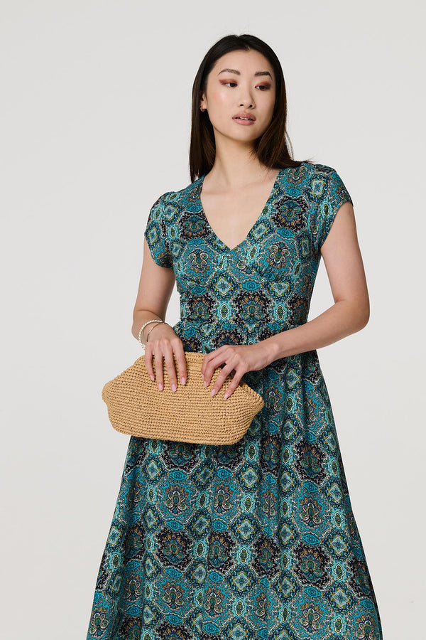 Green | Printed V-Neck Cap Sleeve Midi Dress