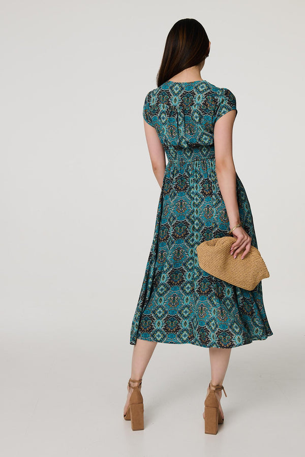 Green | Printed V-Neck Cap Sleeve Midi Dress