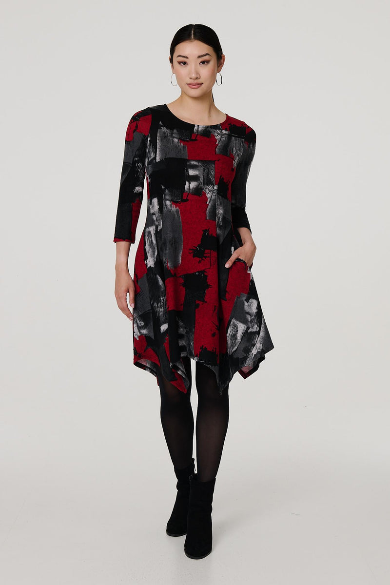 Abstract 3 4 Sleeve Hanky Hem Midi Dress