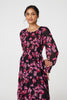 Black | Floral Semi Sheer Long Sleeve Midi Dress
