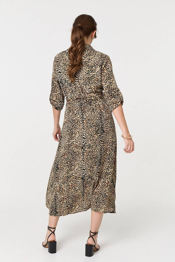 Green | Animal Print Tie Waist Midi Shirt Dress
