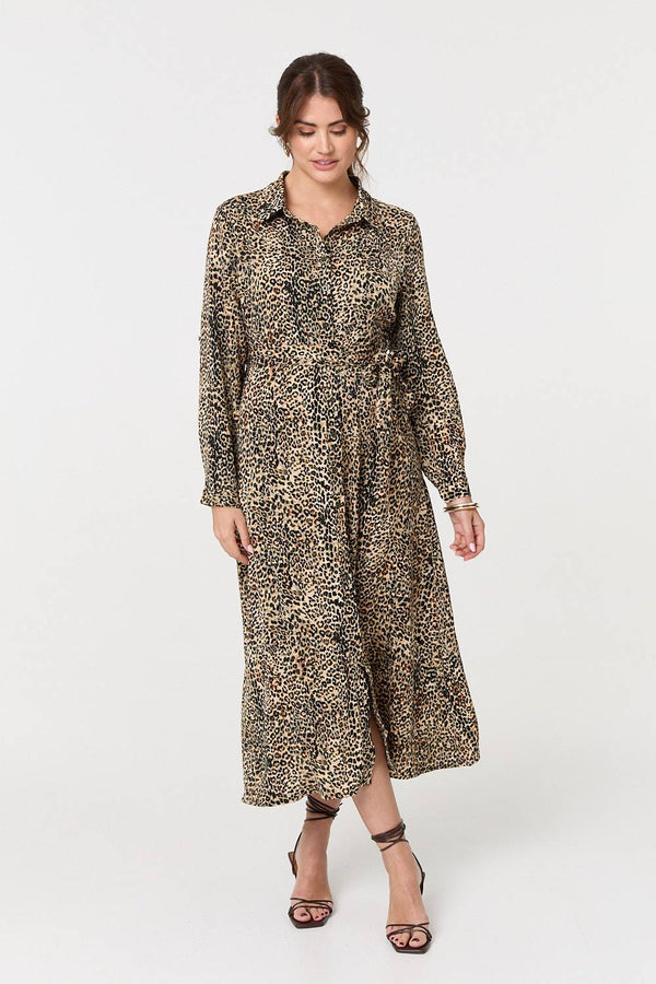 Green | Animal Print Tie Waist Midi Shirt Dress
