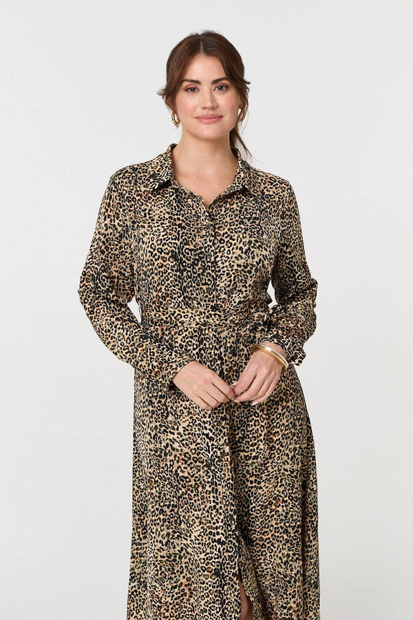 Green | Animal Print Tie Waist Midi Shirt Dress
