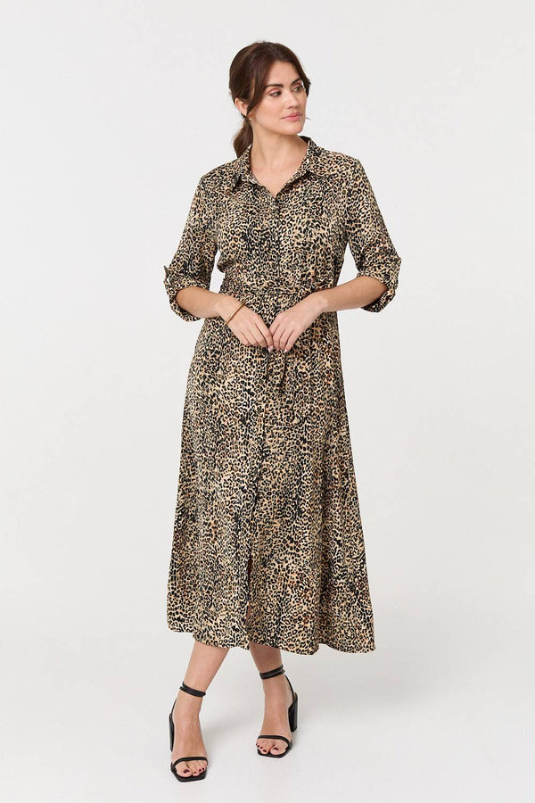 Green | Animal Print Tie Waist Midi Shirt Dress
