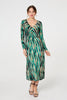 Green | Abstract Print Ruched V-Neck Midi Dress
